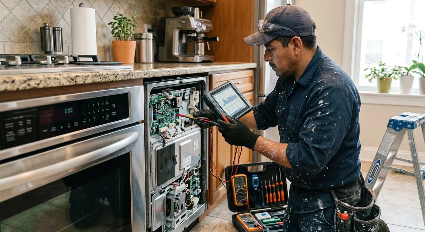 Técnico comprobando una instalación del hogar con un multímetro