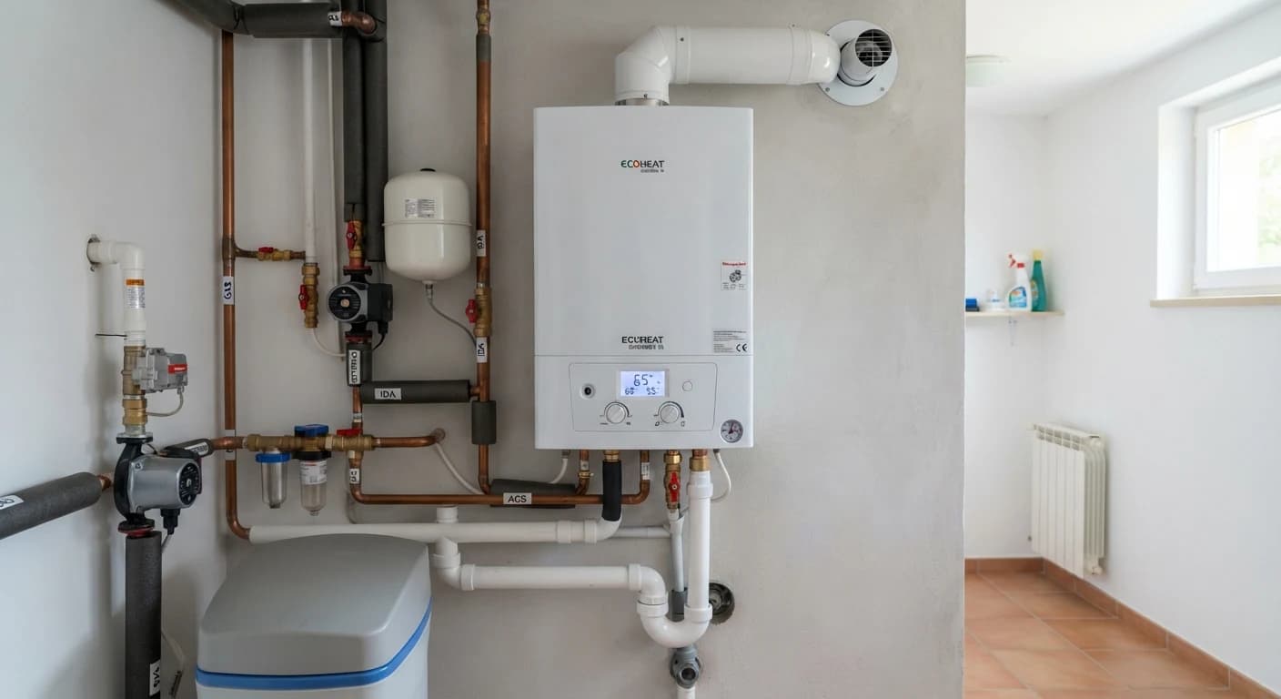 Caldera de gas de condensación abierta durante una reparación