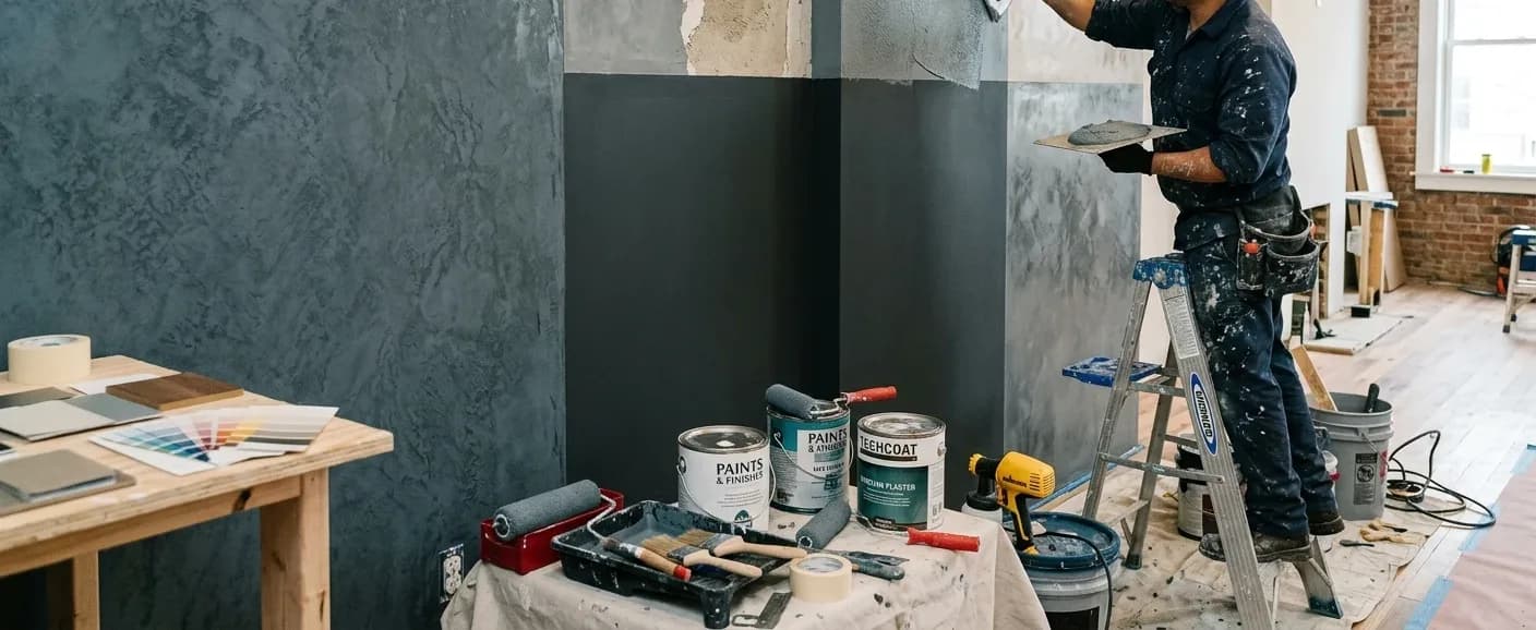 Pintor aplicando el acabado en la pared de una vivienda